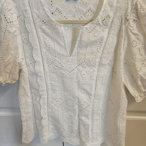 J. McLaughlin White Eyelet Split-Neck Blouse